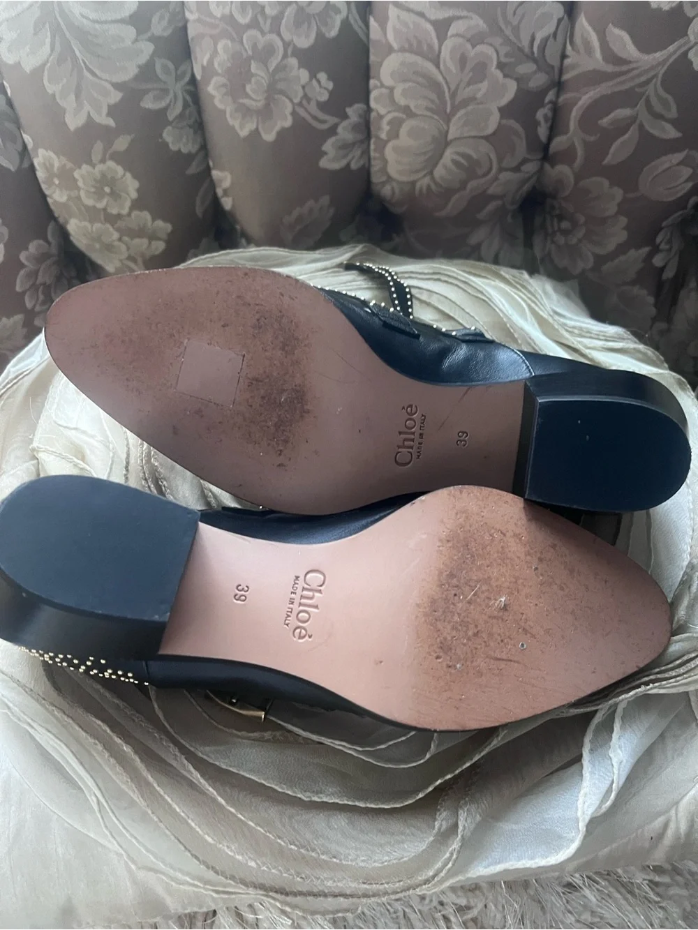 Chloe Black Leather Pointed Loafers with Gold Stud Detailing